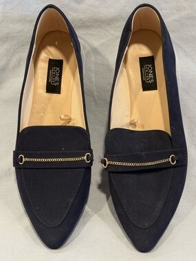 Jones New York Navy Suede Pointed Loafers with Gold Chain Trim